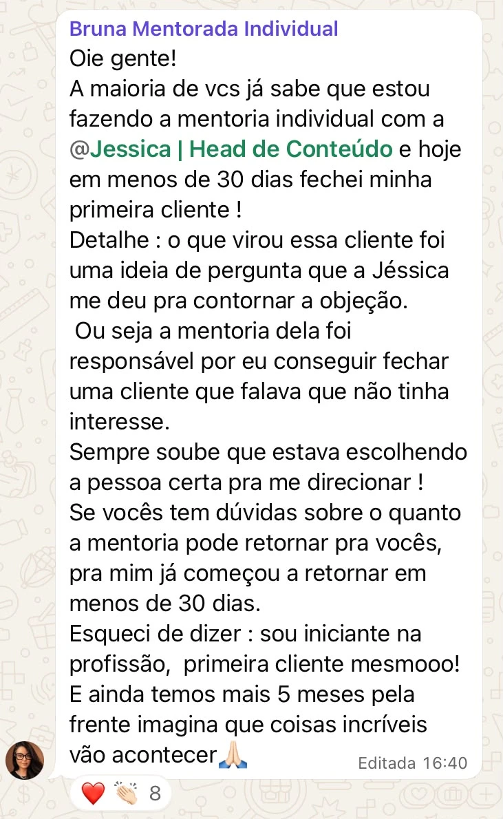 Print do depoimento de Bruna, com dados de contato ocultos quando presentes