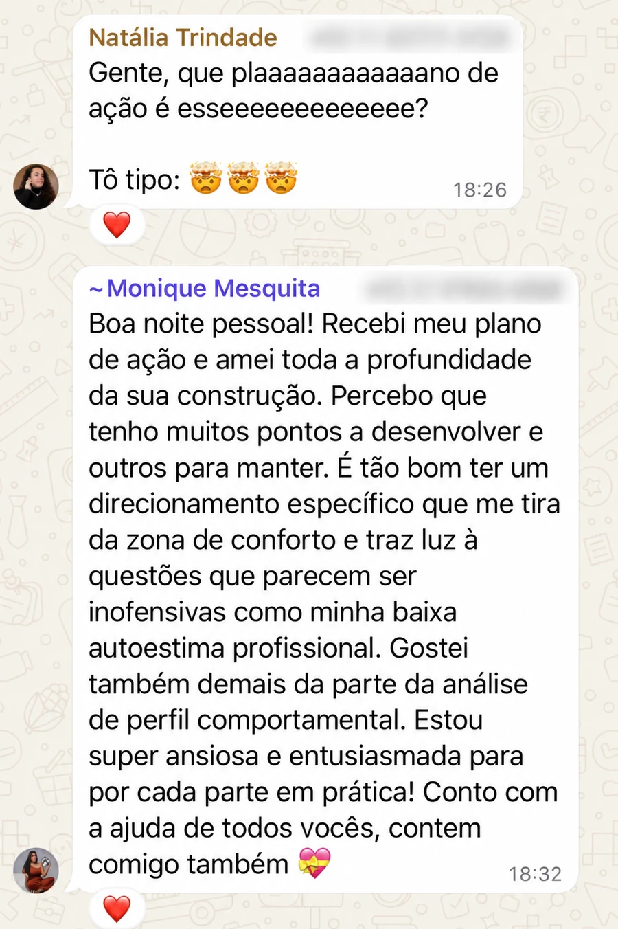 Print do depoimento de Natália & Monique, com dados de contato ocultos quando presentes