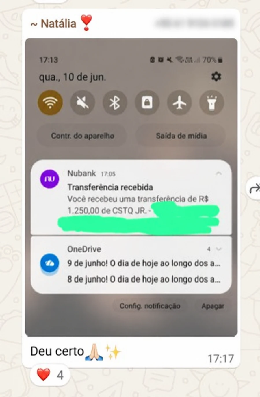 Print do depoimento de Natália, com dados de contato ocultos quando presentes
